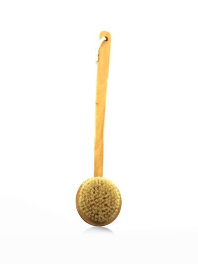 Long Handle Natural Bristle Body Brush with a detachable wooden handle, with a rope in handle to hang to dry when placed on a hook.