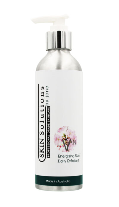Energising Skin Daily Exfoliant in a Tall Aluminium Bottle, with chrome collar under pump action dispenser