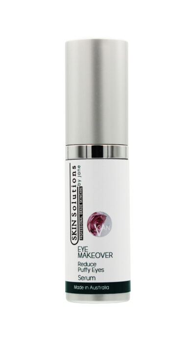 This is a 15ml cylindrical container with an airless pump and a push-on cap of metallic appearance. It contains a serum from the Vegan Rose EYE MAKEOVER collection to reduce the swelling of puffy eyes.