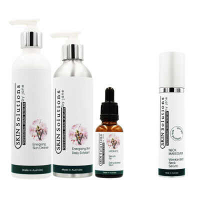 3 Professional treatment products in a pack with a Neck makeover Serum as a Gift With Purchase. A cleanser in a large white pump bottle. An exfoliant in a aluminium pump bottle and a glass brown bottle with a glass dropper to dispense small amounts of product. The gift with purchase is in a airless pump bottle.