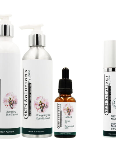 3 Professional treatment products in a pack with a Neck makeover Serum as a Gift With Purchase. A cleanser in a large white pump bottle. An exfoliant in a aluminium pump bottle and a glass brown bottle with a glass dropper to dispense small amounts of product. The gift with purchase is in a airless pump bottle.