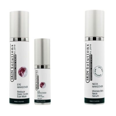 a eye makeover kit of a Eye Mask for dark circles and a eye makeover serum for reducing puffy eyes with the purchase clients get a Neck Makeover Wrinkle blitz Neck Serum. All of the containers are airless with a pump action for product dispensing and all have a push on lid to click on over the pump.