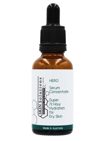 This is a 30ml cylindrical brown glass bottle with a screw-on black dropper top. It contains the Super 72-Hour Hydration Serum Concentrate from the HERO collection. It is used to super hydrate dry skin.