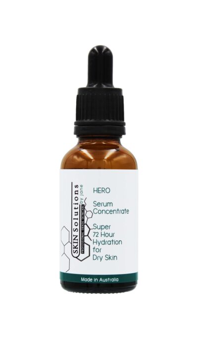 This is a 30ml cylindrical brown glass bottle with a screw-on black dropper top. It contains the Super 72-Hour Hydration Serum Concentrate from the HERO collection. It is used to super hydrate dry skin.