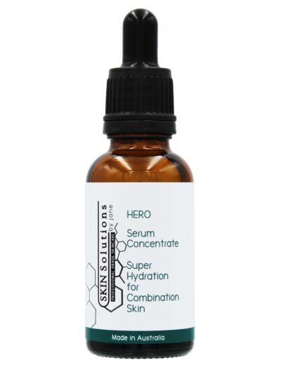 This is a 30ml cylindrical brown glass bottle with a screw-on black dropper top. It contains the Serum Concentrate from the HERO collection. It is used to super hydrate combination skin.