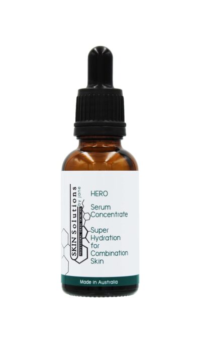 This is a 30ml cylindrical brown glass bottle with a screw-on black dropper top. It contains the Serum Concentrate from the HERO collection. It is used to super hydrate combination skin.