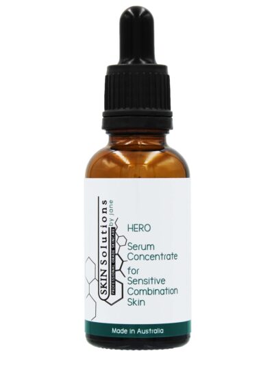 This is a 30ml cylindrical brown glass bottle with a screw-on black dropper top. It contains the Serum Concentrate from the HERO collection. It is used for sensitive combination skin.