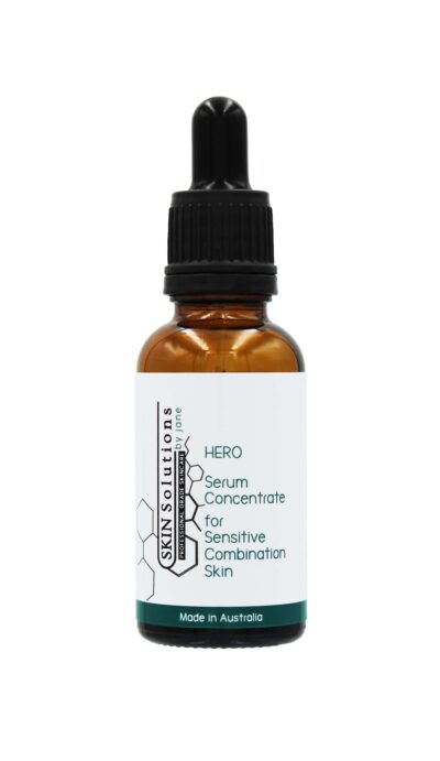 This is a 30ml cylindrical brown glass bottle with a screw-on black dropper top. It contains the Serum Concentrate from the HERO collection. It is used for sensitive combination skin.