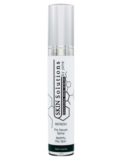 This is a 45ml cylindrical tall container with an airless sprayer and a push-on cap of metallic appearance. It contains a pre-serum from the REFRESH collection, used to mattify oily skin.