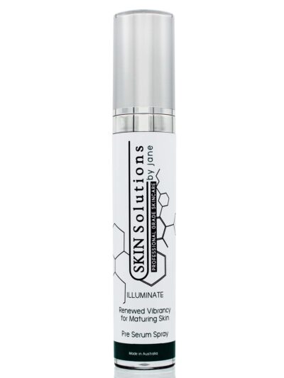 This is a 45ml cylindrical tall container with an airless sprayer and a push-on cap of metallic appearance. It contains a pre-serum from the ILLUMINATE collection., delivering renewed vibrancy to maturing skin.