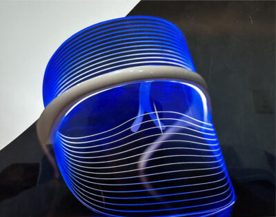 View of the illuminated Blue LED Face Shield Visor.