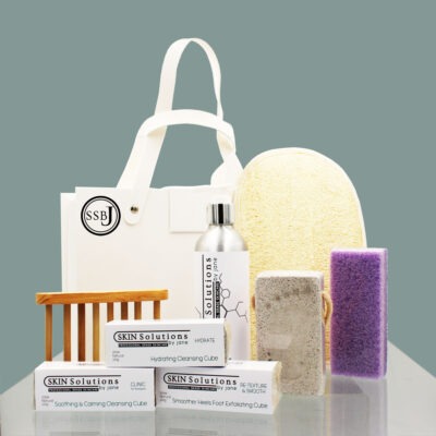 This is the Body & Foot Care Luxury Gift, contained in a box with carry handles. It includes: - 1 Loofah Mitt, - 1 Large Foot Pumice, - 1 Natural Wooden Luxury Treatment Cleansing Bar Rack, - 1 Treatment Cleansing Bar for Face, - 1 Body Cleansing Bar - 1 Very popular Foot exfoliating bar, - 1 Skin buffer that can be used on the feet for a final smoothing. - 1 100ml of Luxury Relaxing Cooling Foot and Leg Balm. - 1 Luxury Carry Box with handles