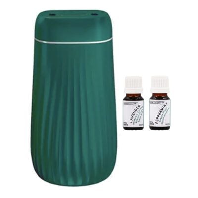 This diffuser humidifier has a 1000ml capacity and can be used day or evening. It has a double head to give a double fine mist action to deliver the relaxing aroma of the calming essential oils that come within this pack. The two Essential oils are Lavender and Peppermint both of which can be used together or independently in the diffuser. Both Lavender and Peppermint deliver an immediate aroma which is calming to reduce stress. Both essential oils come in 10ml dropper bottles. The Diffuser is in a beautiful Regency Green colour that fits into all types of décor and is very stylish.