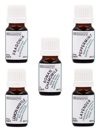 This is an essential oil collection of 5 100% pure essential oils with focus on emotional and hormone balance with sleep better benefits. Two are Australian Natives which are Fragonia and Lemon Myrtle plus English Lavender and Peppermint. The Roman Chamomile is 3% in jojoba oil. These are ideal to use in our diffuser humidifiers and these have been chosen by our Dermal Clinician as they all have great health and wellness benefits. They are all in dark glass essential oil dropper bottles. 50 mls in total.